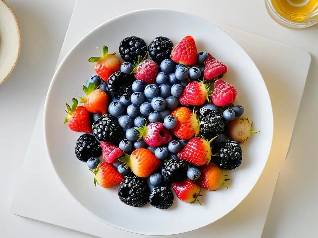 Una exquisita variedad de bayas frescas y jugosas en un plato blanco, listas para recetas gelatinas naturales sin gluten