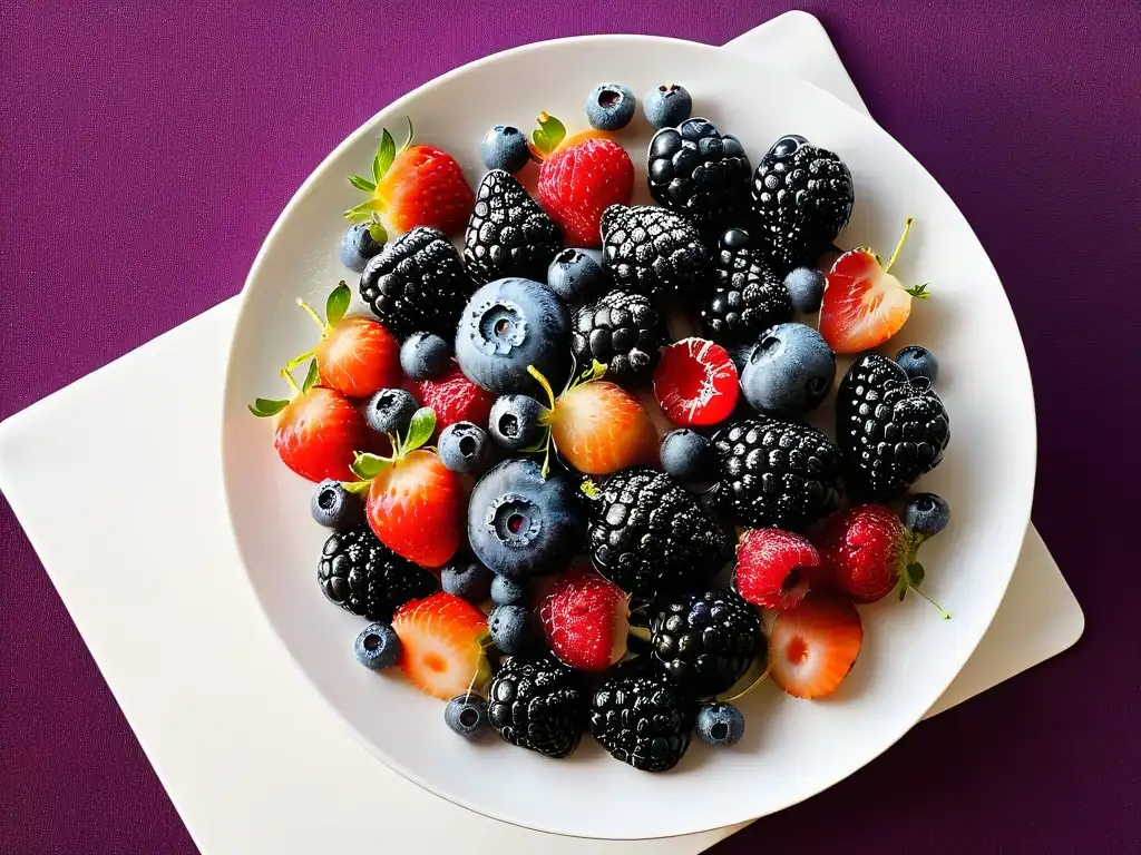 Una exquisita variedad de frutas antioxidantes brillantes sobre un plato blanco moderno