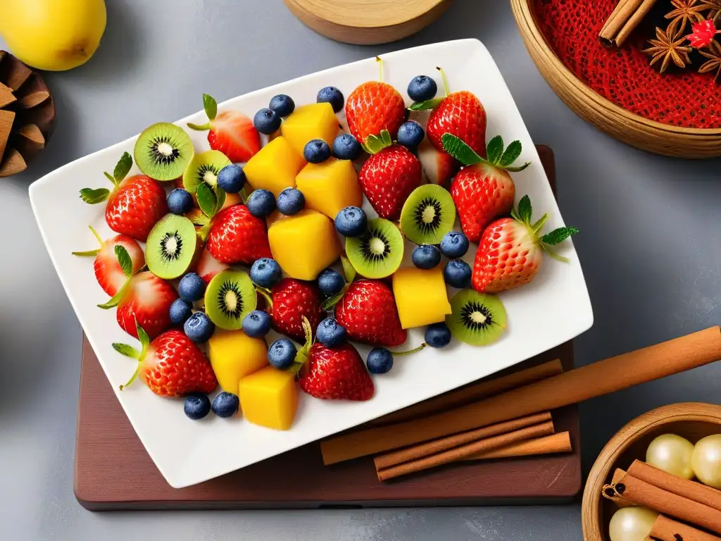 Delicias Frescas y Aromáticas: Frutas y Especias en Armonía Una exquisita variedad de frutas y especias en repostería, glistando frescura y aromas, sobre una elegante encimera de mármol