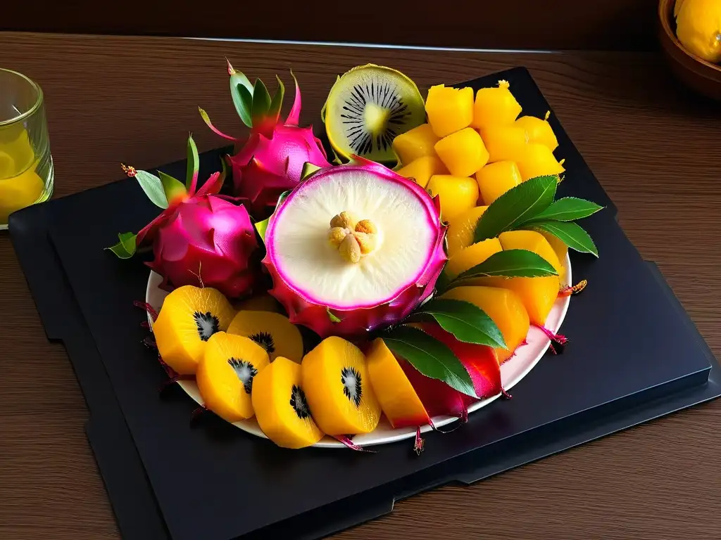 Exótica fuente de frutas: dragon fruit, maracuyá, lichi y carambola Exquisita variedad de frutas exóticas en un plato negro moderno