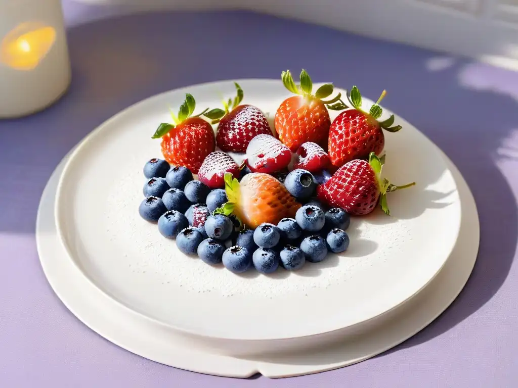 Una exquisita variedad de frutas frescas en un plato blanco moderno, listas para pastelería para diabéticos saludable