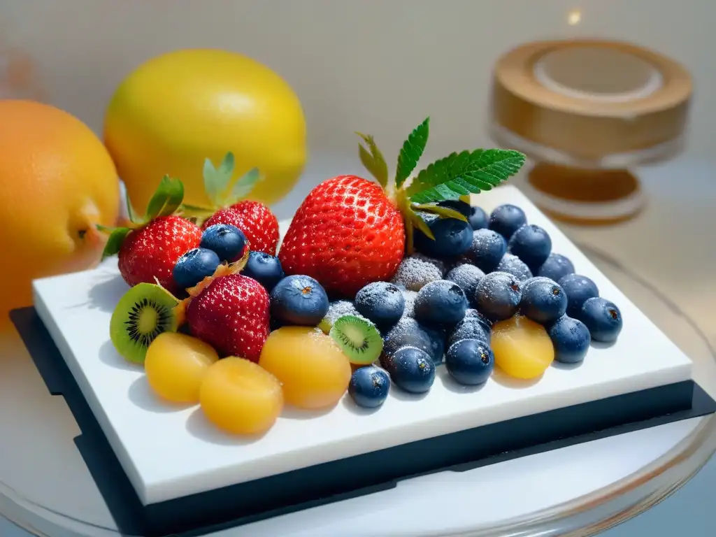 Una exquisita variedad de frutas frescas en una presentación artística, ideal para postres de frutas evolución historia