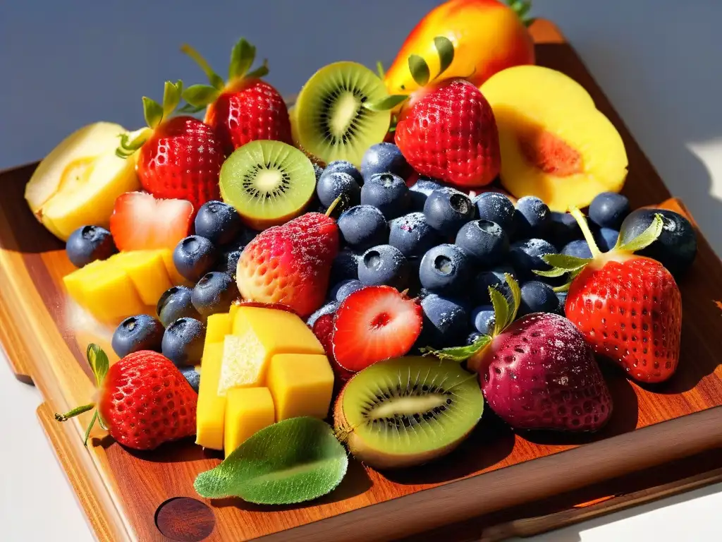 Una exquisita variedad de frutas frescas sobre tabla de corte, con gotas de agua brillantes