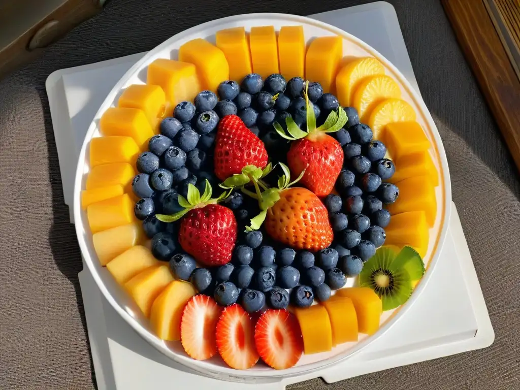 Exquisita variedad de frutas frescas en corte circular sobre tabla de mármol blanco, ¡ideal para recetas gelatinas naturales sin gluten!