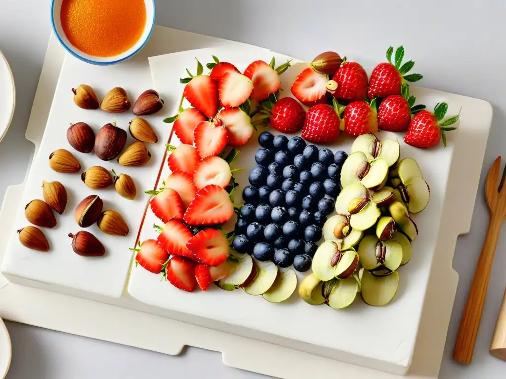 Una exquisita variedad de frutas y frutos secos frescos sobre una encimera de mármol blanco, ideal para la repostería saludable para niños