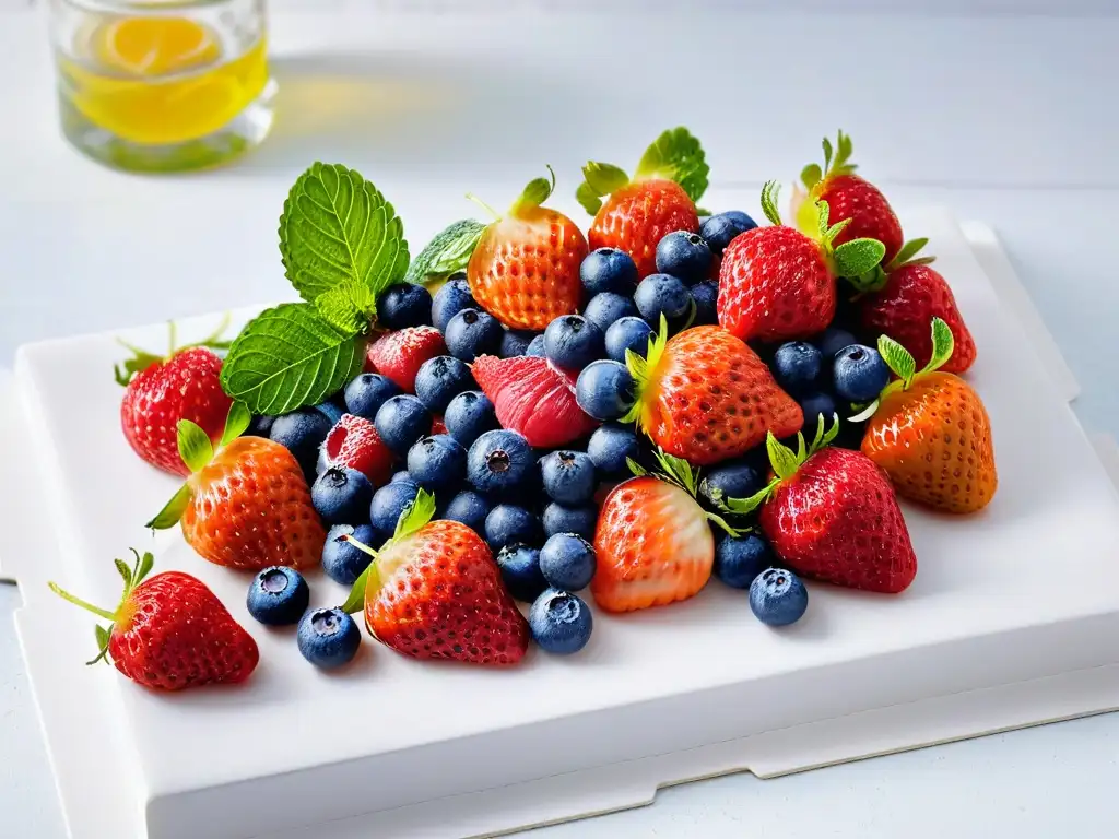 Una exquisita variedad de frutas y hojas de menta frescas sobre tabla de mármol blanco