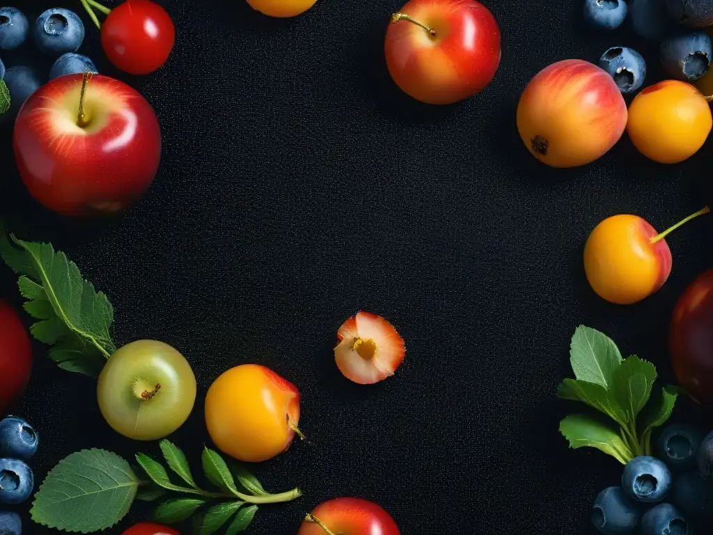 Una exquisita variedad de frutas y verduras coloridas, simétricamente dispuestas