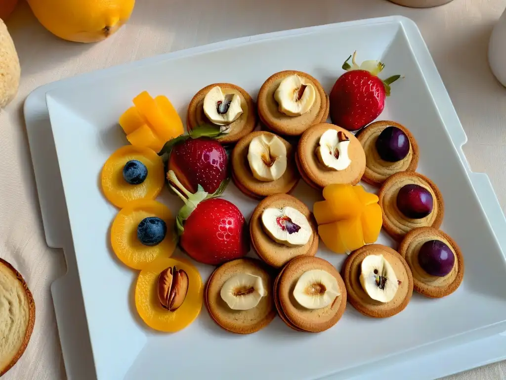 Una exquisita variedad de galletas veganas decoradas con frutas y frutos secos sobre un plato moderno