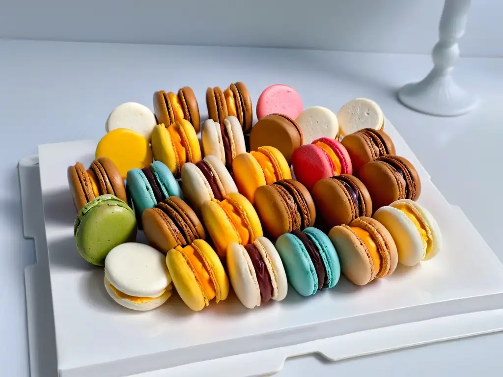 Exquisita variedad de macarons coloridos en un plato blanco, resaltando el diseño de recetas de repostería