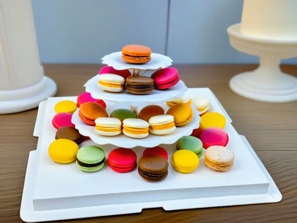 Exquisita variedad de macarons coloridos en un elegante plato, destacando las combinaciones de sabores en repostería