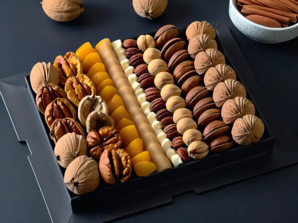 Exquisita selección de frutos secos en plato negro mate Una exquisita variedad de nueces y almendras dispuestas con elegancia en un plato negro mate