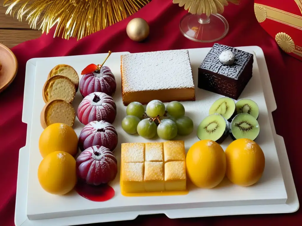 Una exquisita variedad de Postres de Año Nuevo tradicionales de todo el mundo, bellamente presentados en una elegante bandeja moderna