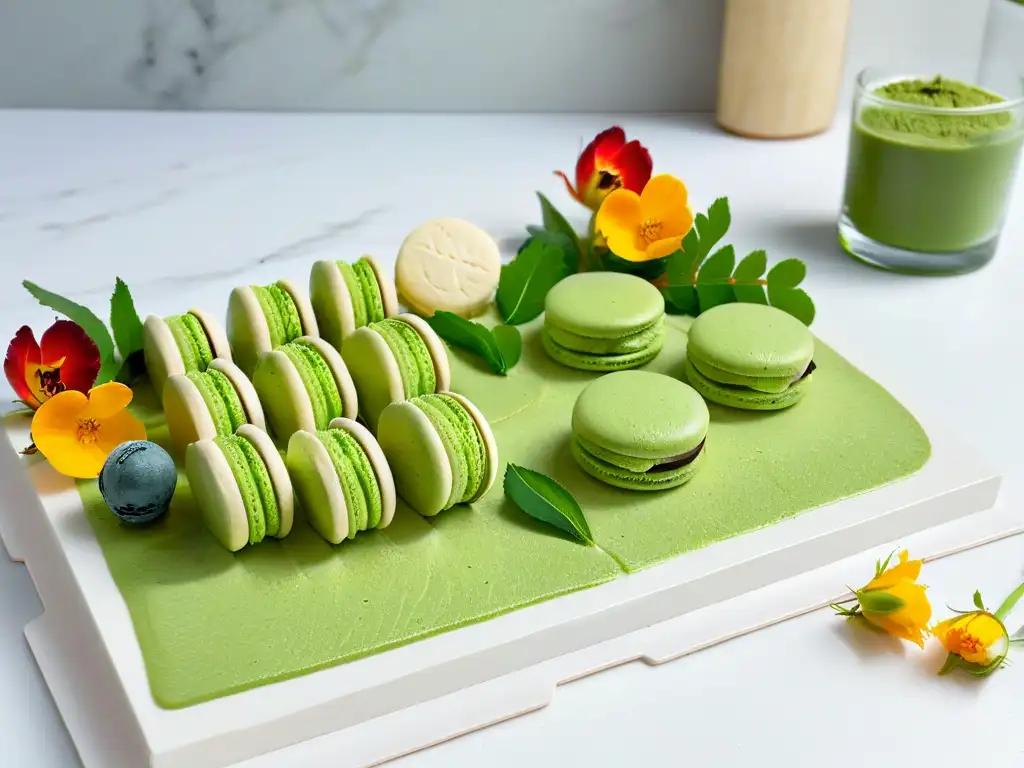 Una exquisita variedad de postres con té matcha, perfectamente dispuestos en una elegante bandeja de mármol blanco