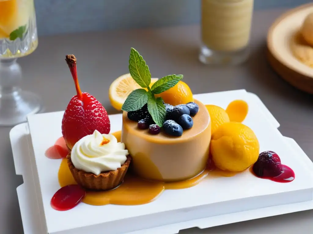 Una exquisita variedad de postres de fruta baobab africana, con helado y tartas, adornados con menta fresca y jarabe dorado