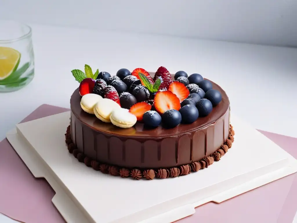 Una exquisita variedad de postres veganos en un plato blanco moderno, decorados con hojas de menta y frutas frescas