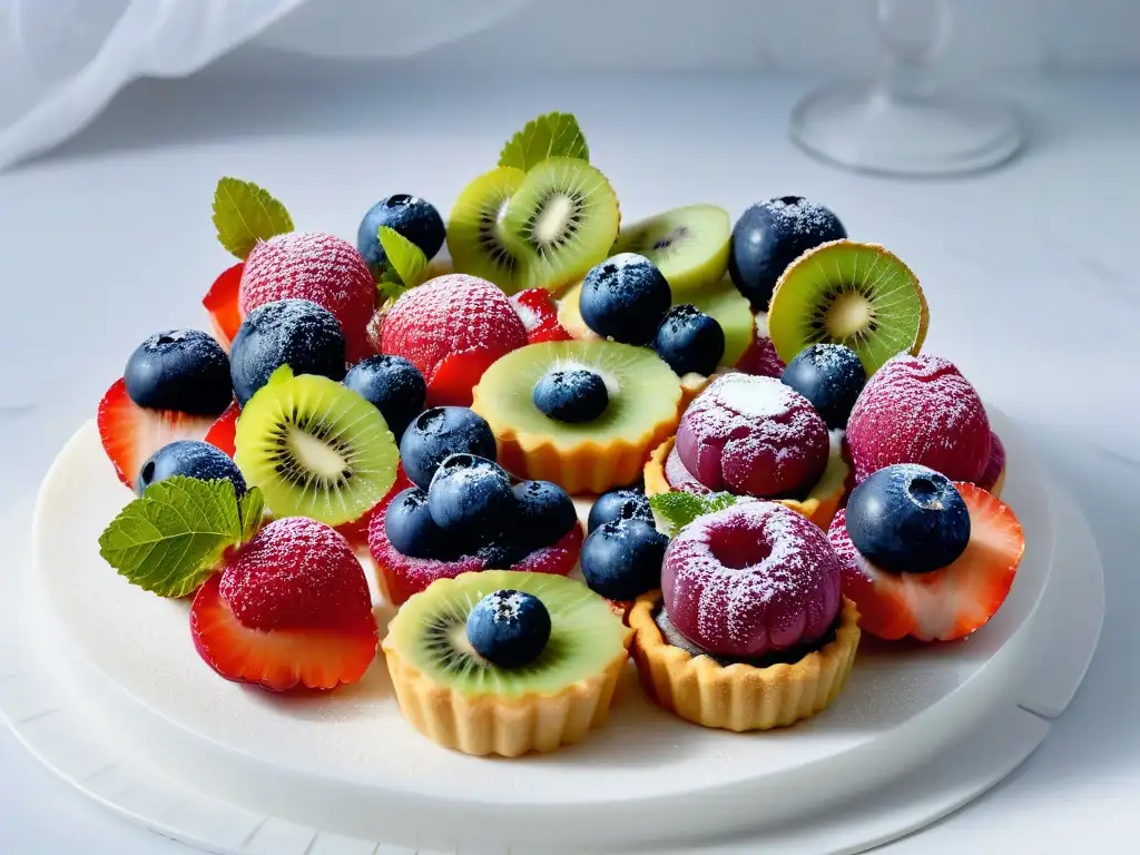 Mini tartaletas frutales: deleite visual en 8k Una exquisita variedad de mini tartaletas de frutas coloridas sobre plato de mármol blanco