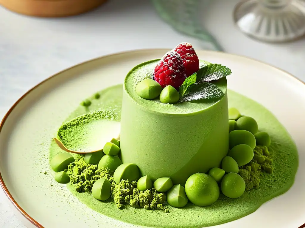 Exquisita mousse de té verde en copa, decorada con polvo de té y frambuesa fresca