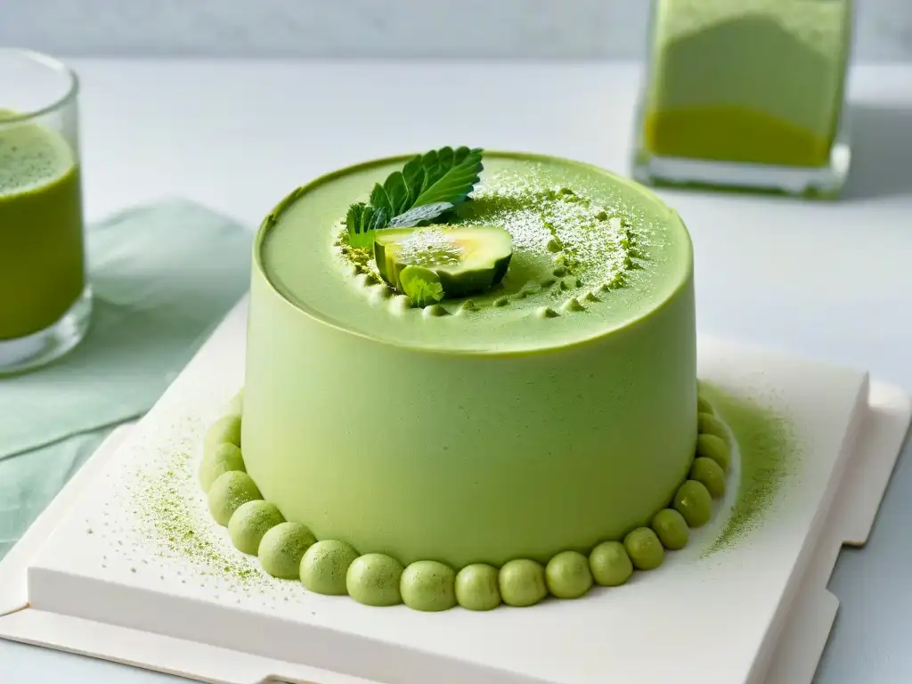 Exquisita mousse de té verde matcha en copa transparente, decorada con polvo de té matcha