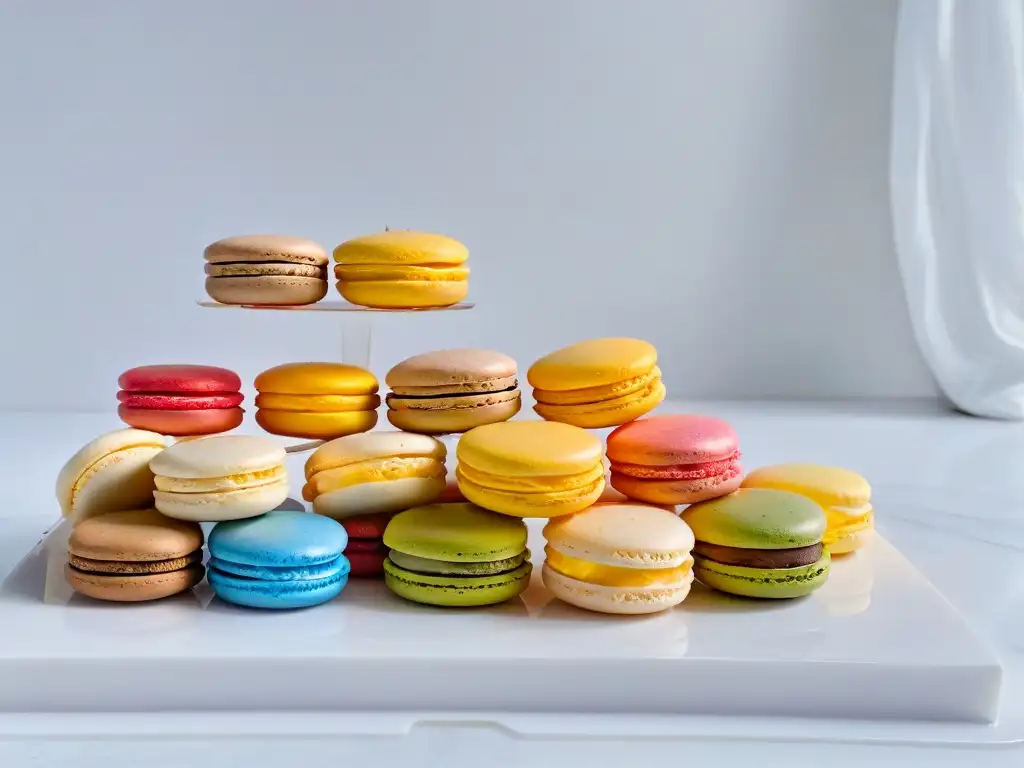 Exquisitas combinaciones de sabores en repostería con macarons coloridos en mármol blanco