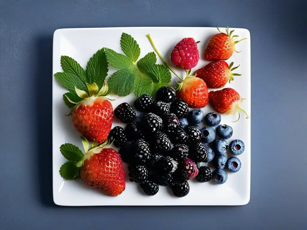 Exquisitas combinaciones de sabores en repostería con frutas frescas vibrantes en elegante presentación sobre mármol blanco