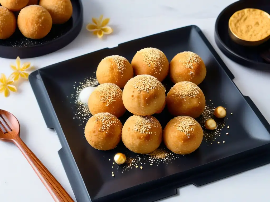 Exquisitas sesame balls doradas en plato moderno