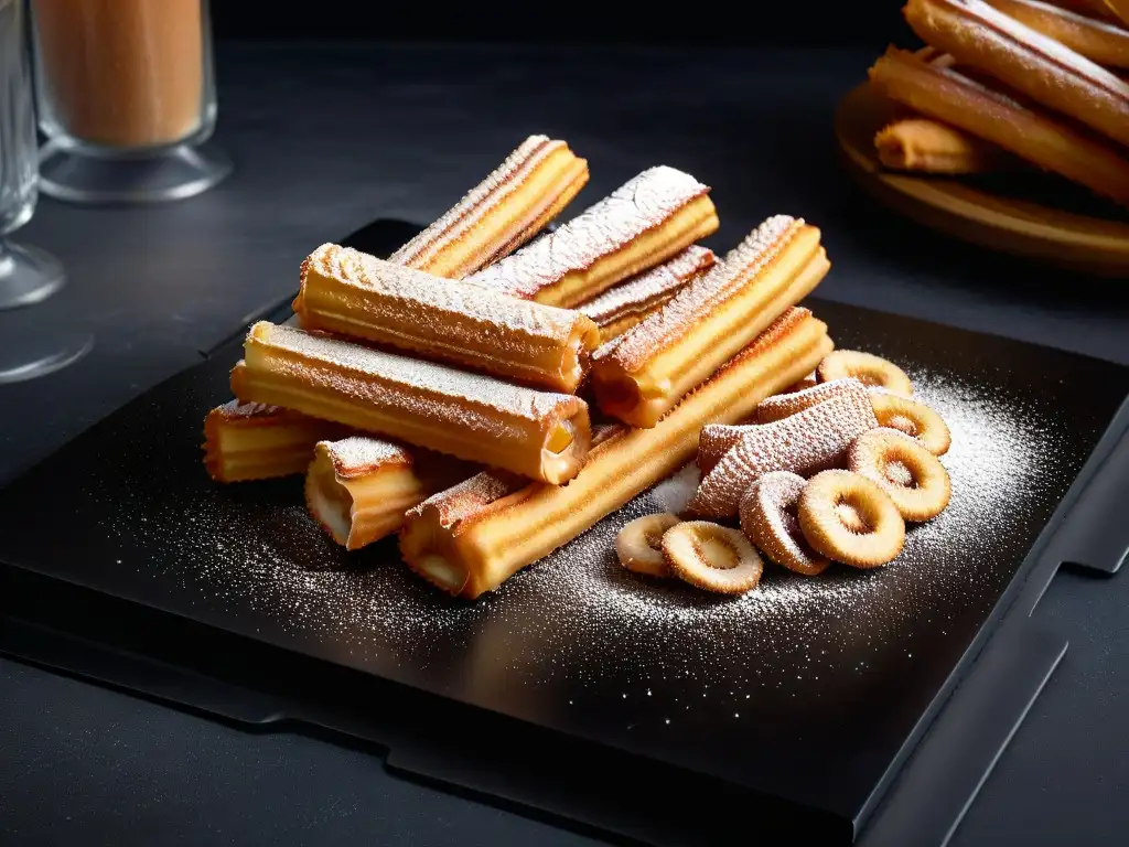 Exquisitas frituras en repostería crujientes perfectas: churros dorados con azúcar y canela en un elegante plato negro