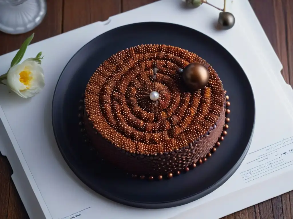 Exquisitas perlas de caviar de chocolate brillante en un plato negro elegante