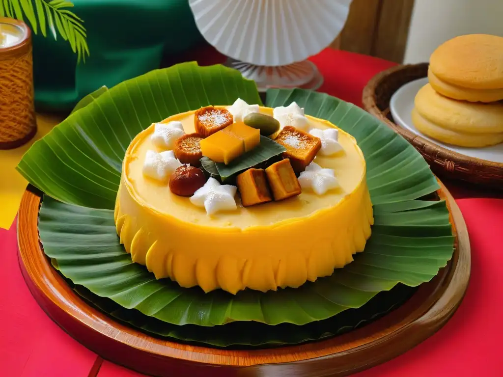 Exquisitas recetas dulces tradicionales filipinas en mesa bellamente decorada con bibingka, puto, sapinsapin y kutsinta sobre hojas de plátano