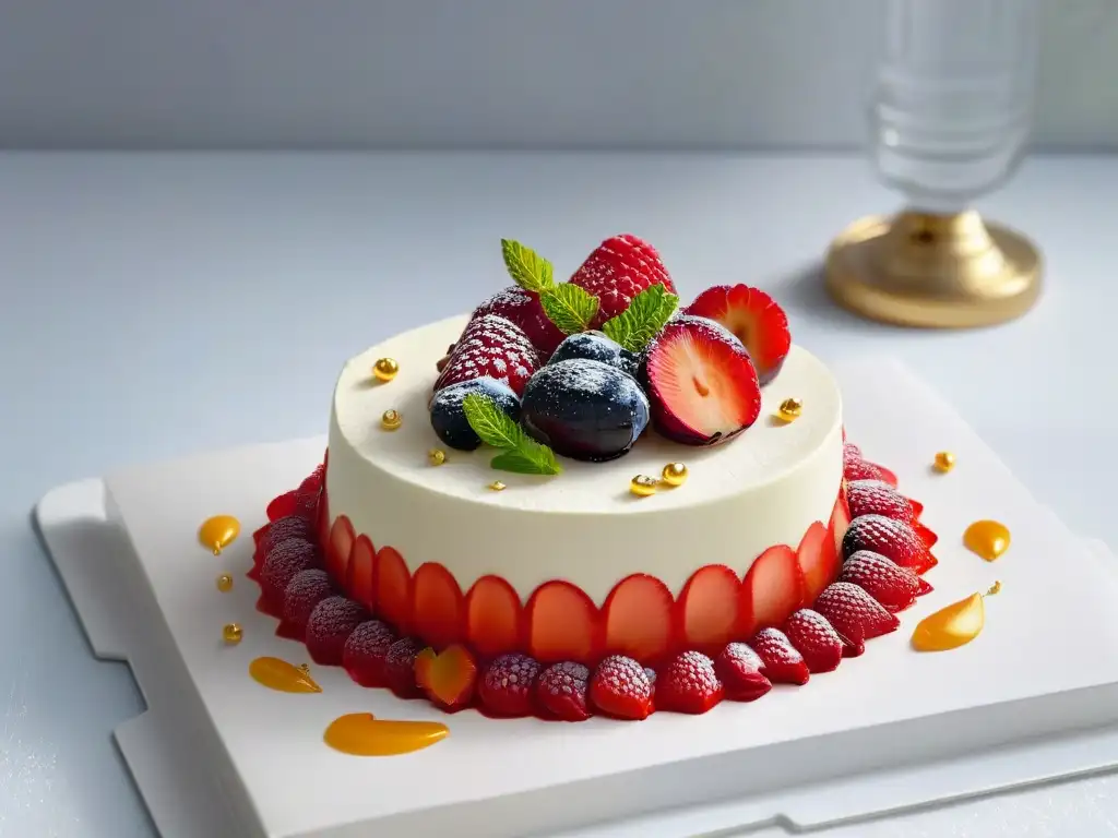 Una exquisitez de repostería gourmet equilibrada: pastel decorado con frutas, oro comestible y menta