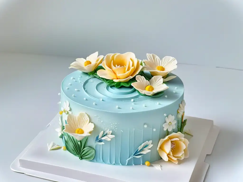 Exquisito adorno floral de azúcar en pastel blanco