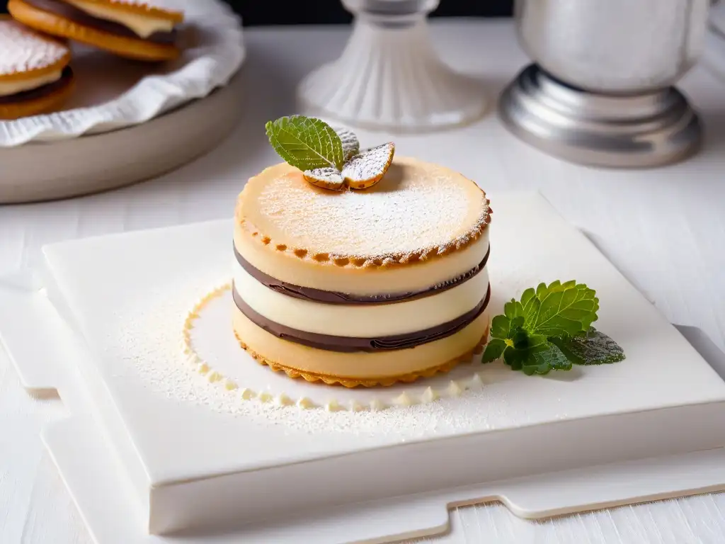 Un exquisito alfajor sudamericano tradicional, con dulce de leche y menta, destacando la elegancia de los postres sudamericanos tradicionales recetas