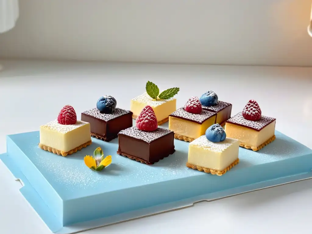 Un exquisito arreglo de Petit Fours con detalles vibrantes y sofisticados