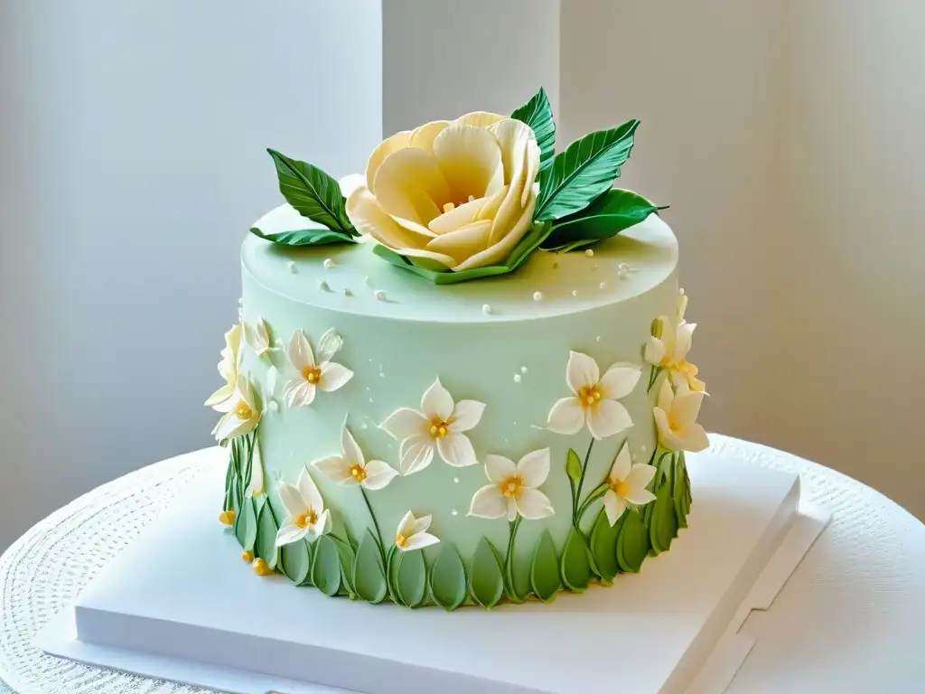 Un exquisito arreglo de flores de azúcar en una torta de bodas de múltiples niveles