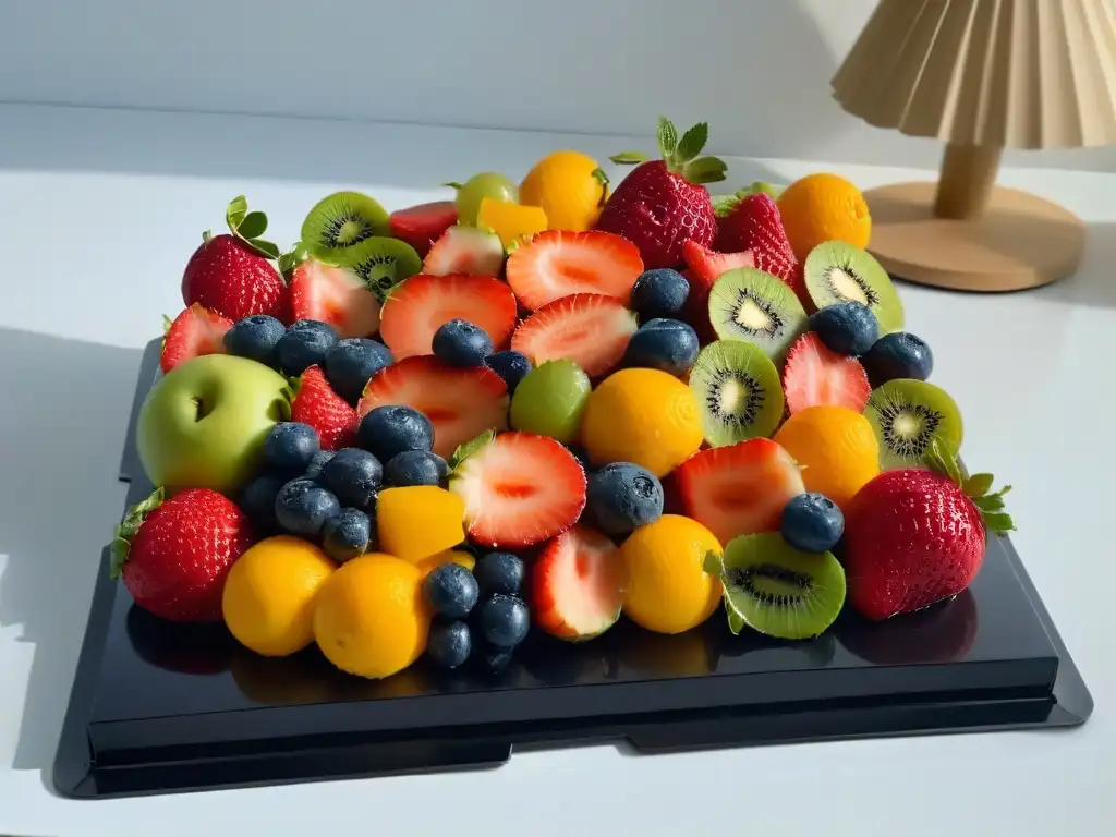 Un exquisito arreglo de frutas confitadas gourmet navidad en un elegante plato negro mate, reflejando luces suaves