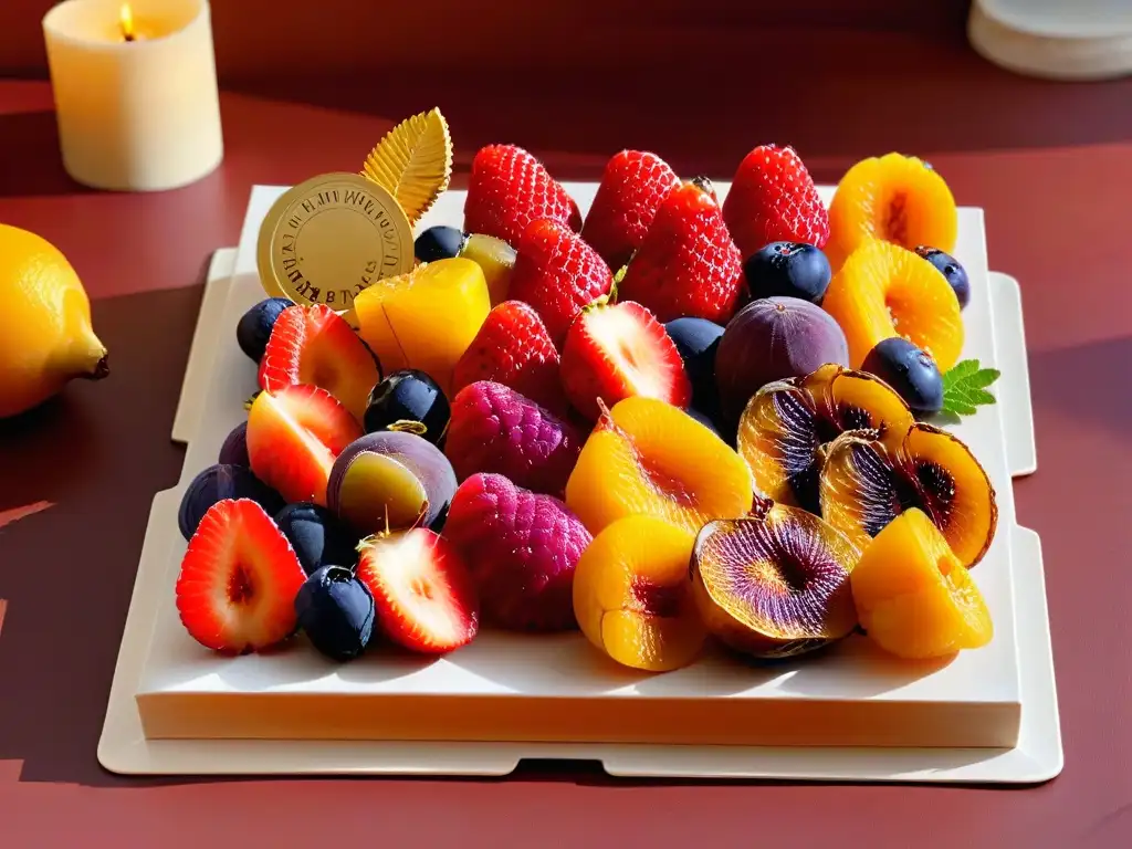 Un exquisito arreglo de frutas deshidratadas premium para repostería, vibrantes y lujosas en una elegante composición