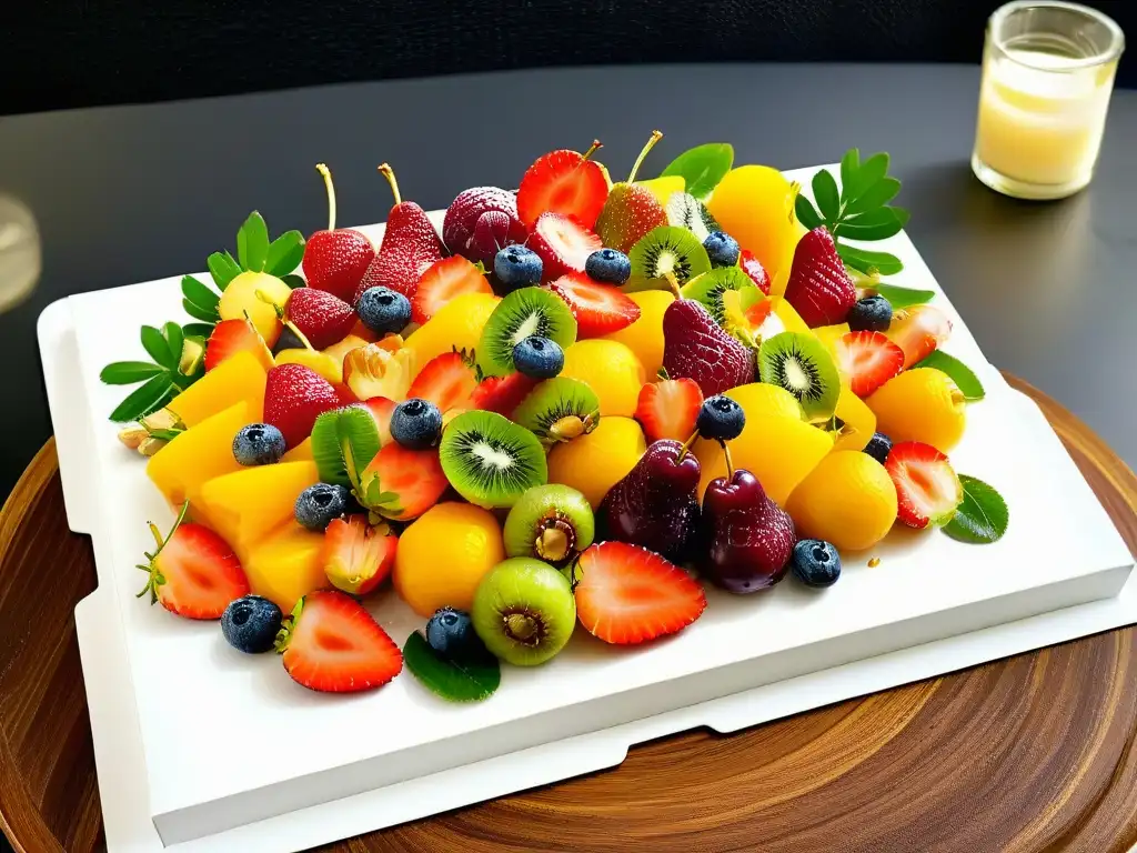 Un exquisito arreglo de frutas y frutos secos orgánicos en un plato blanco moderno