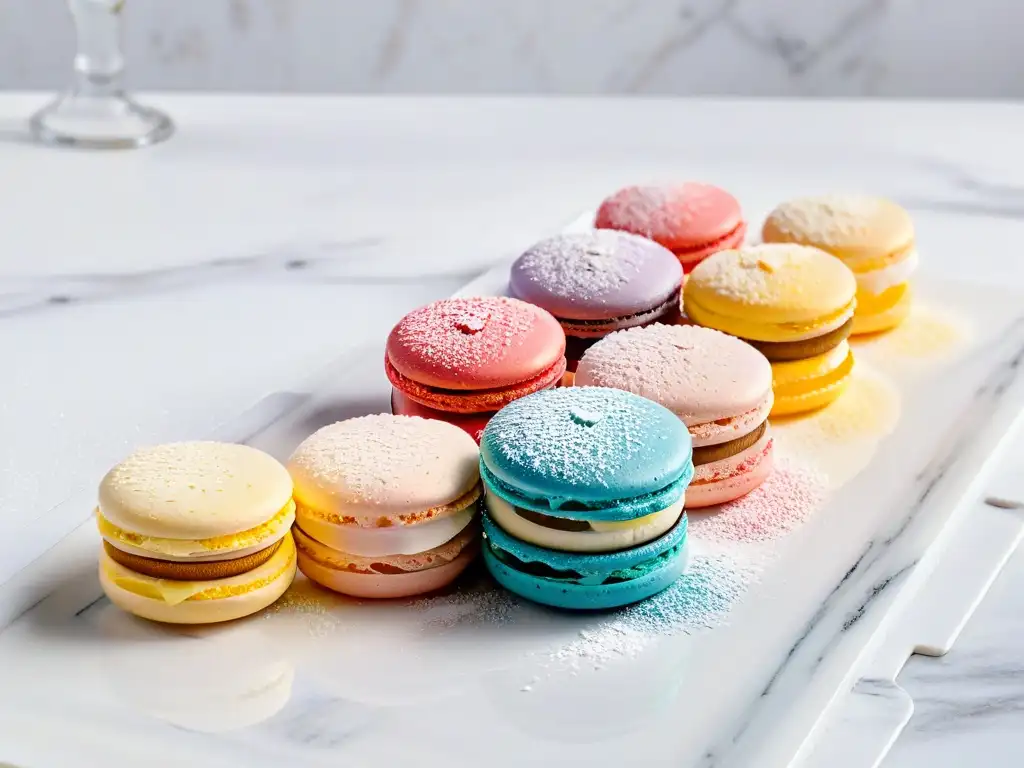 Un exquisito arreglo de macarons coloridos en una mesa de mármol blanco