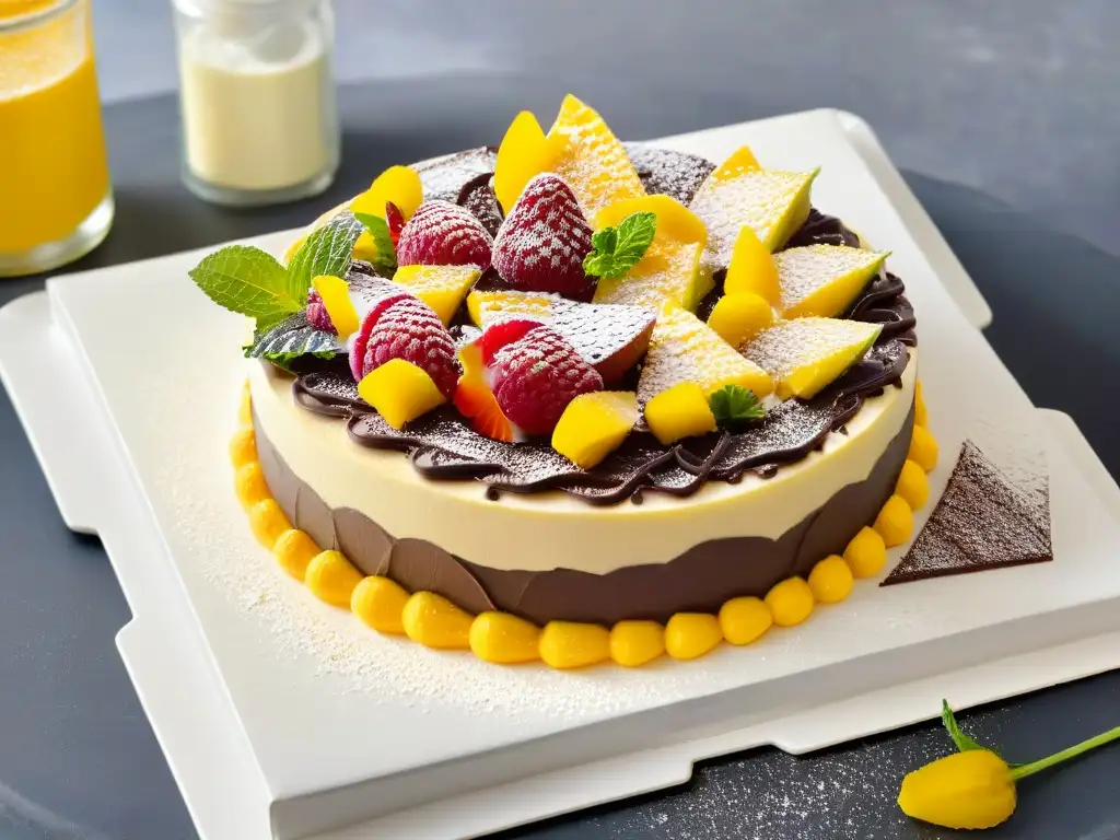 Un exquisito arreglo de postres para el Día de las Madres: mango mousse, pudín de chocolate y cheesecake de fresa, presentados con elegancia