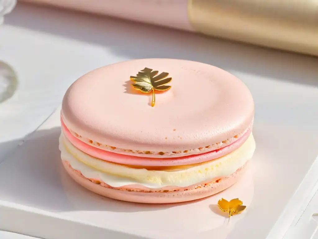 Un exquisito macaron artesanal con toque dorado, textura ligera y color rosa pastel