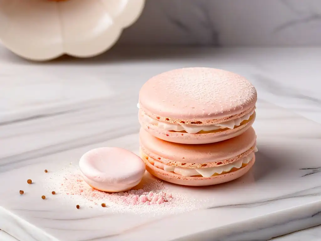 Un exquisito macaron rosa sobre mármol, bañado en azúcar, iluminado por la luz solar