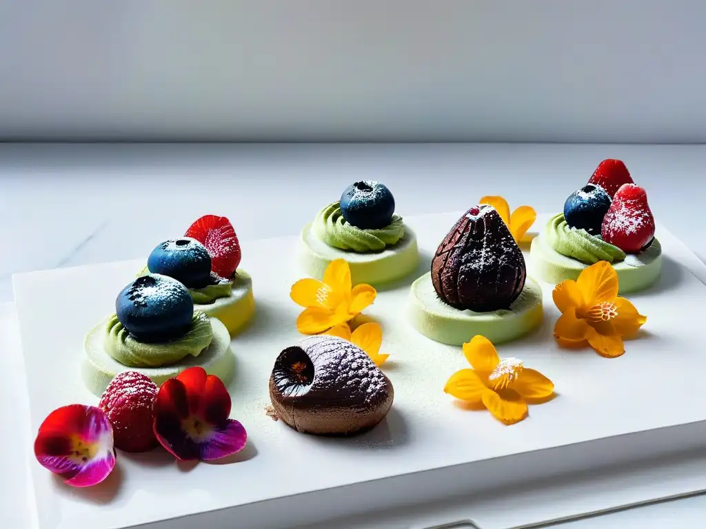 Un exquisito banquete de postres frescos sin horno en una encimera de mármol blanco impecablemente limpia, decorados con frutas y flores comestibles