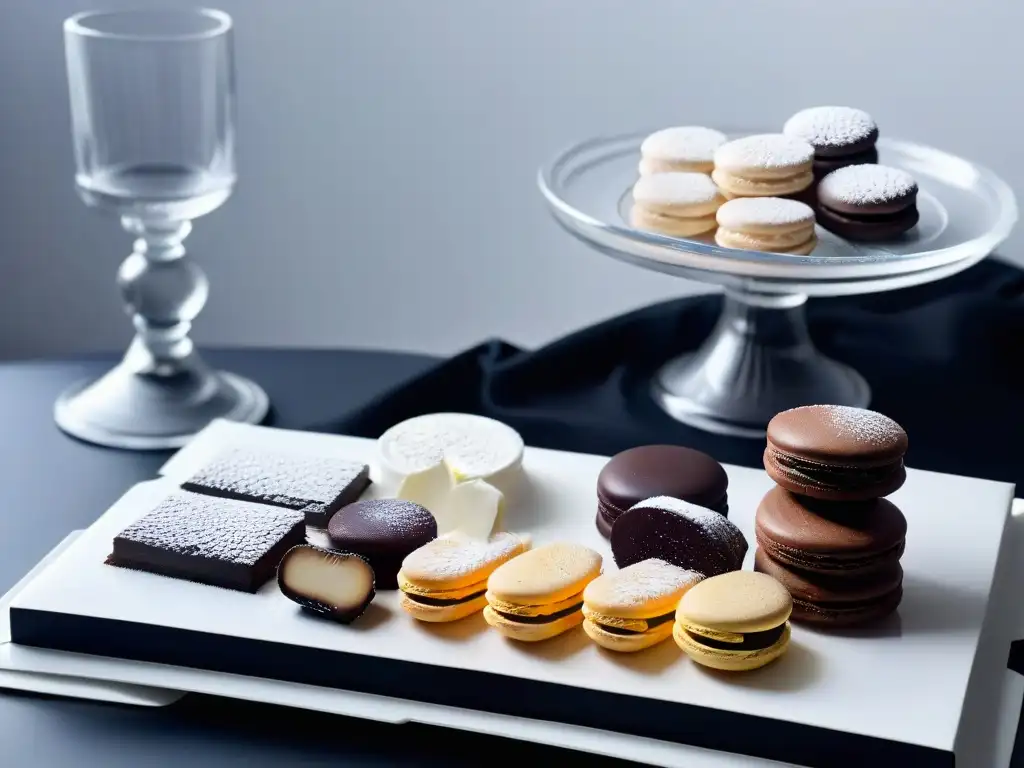 Un exquisito banquete de postres monocromáticos elegantes blancos y negros en mesa minimalista