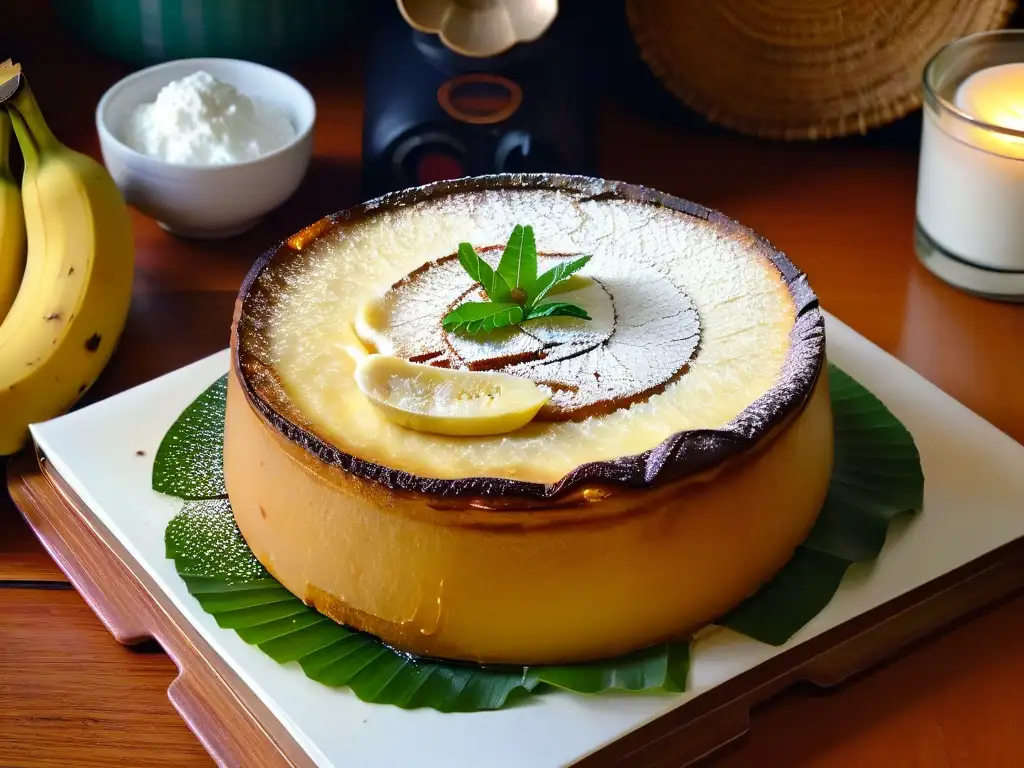 Un exquisito Bibingka Africano con coco caramelizado, sobre mesa rústica con hojas verdes de plátano y café etíope