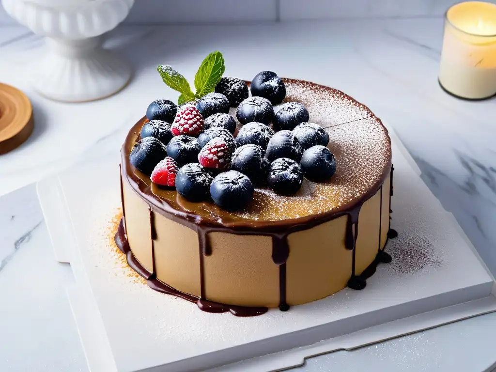 Un exquisito bizcocho dorado con frutas y chocolate sobre mármol