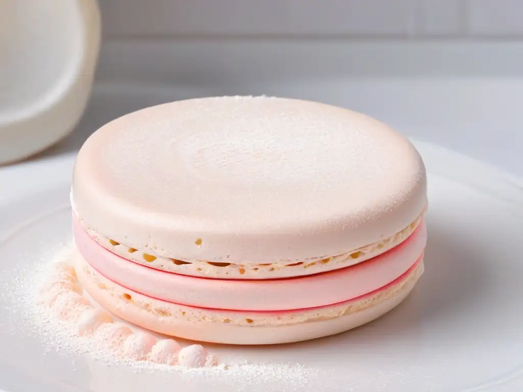 Exquisito macaron rosa en mármol blanco brillante, polvo de azúcar, relleno cremoso