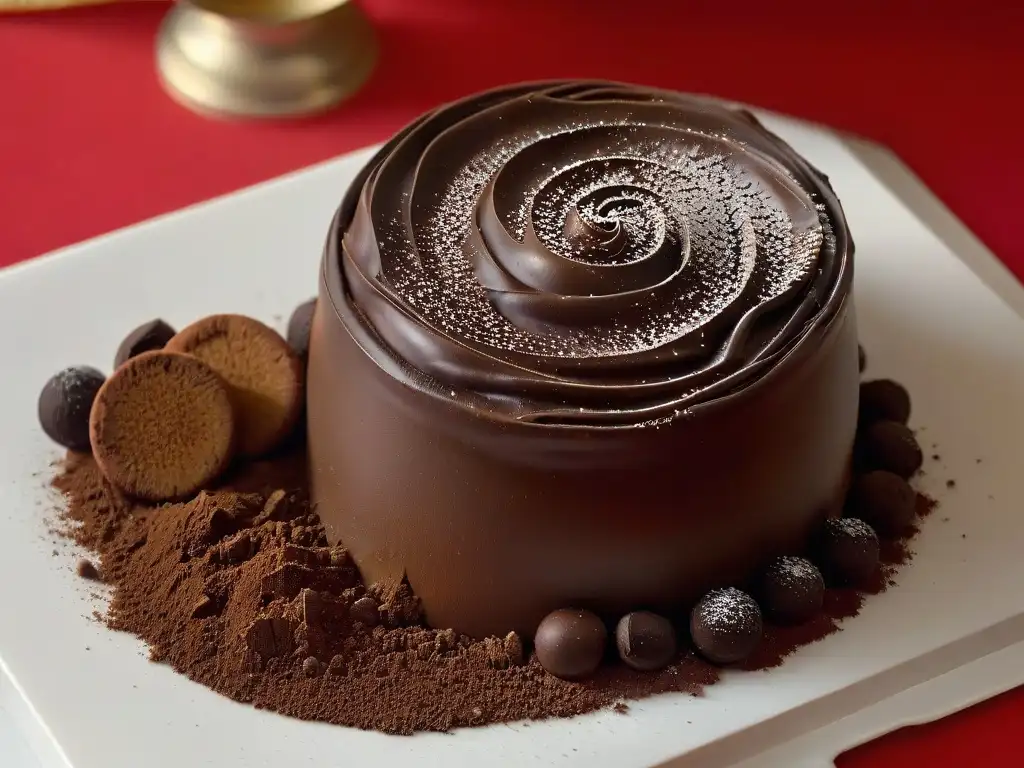 Exquisito bombón de chocolate con aceite de trufa en repostería, cubierto de cacao en polvo y decorado con intrincados remolinos de chocolate negro