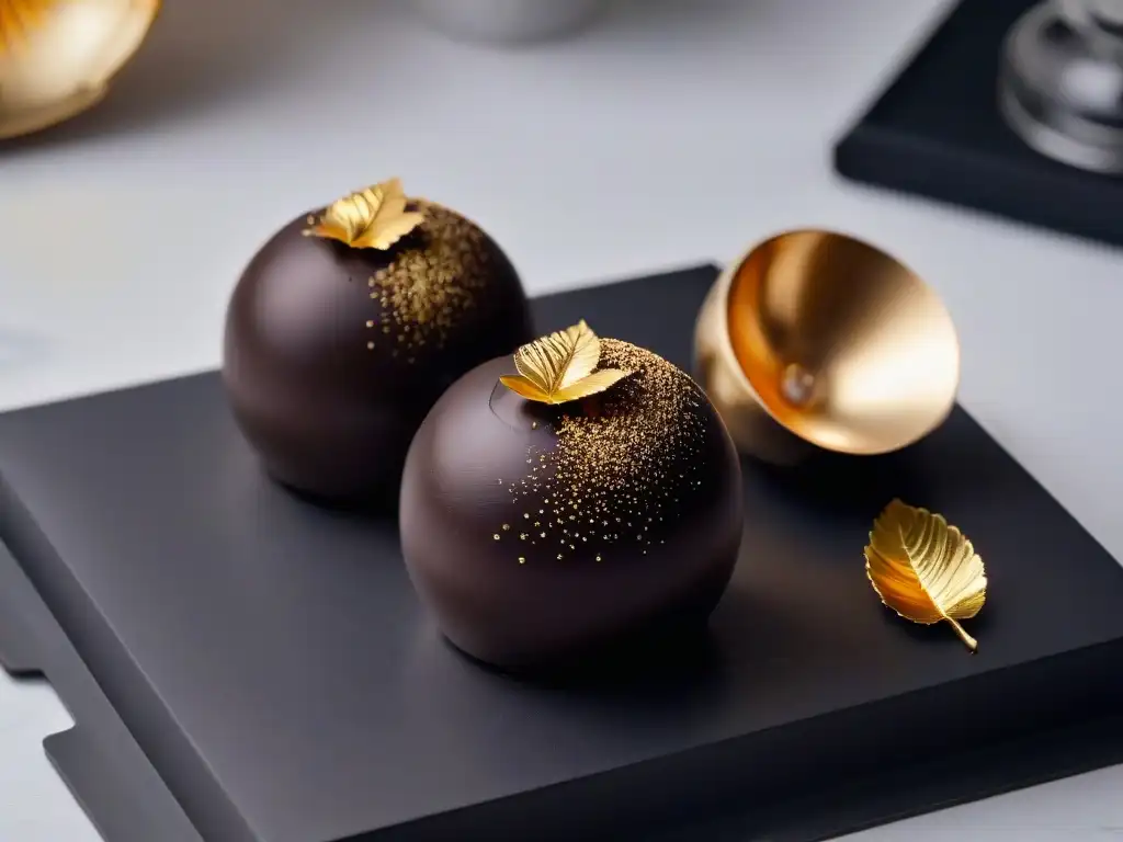 Exquisito bombón de chocolate belga con lámina de oro sobre plato negro moderno