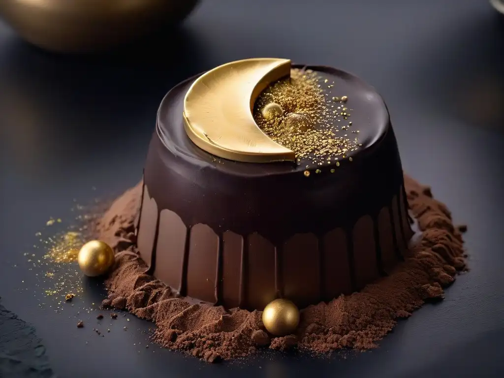 Un exquisito bombón de chocolate negro con polvo dorado, resalta las técnicas moleculares en repostería de chocolate