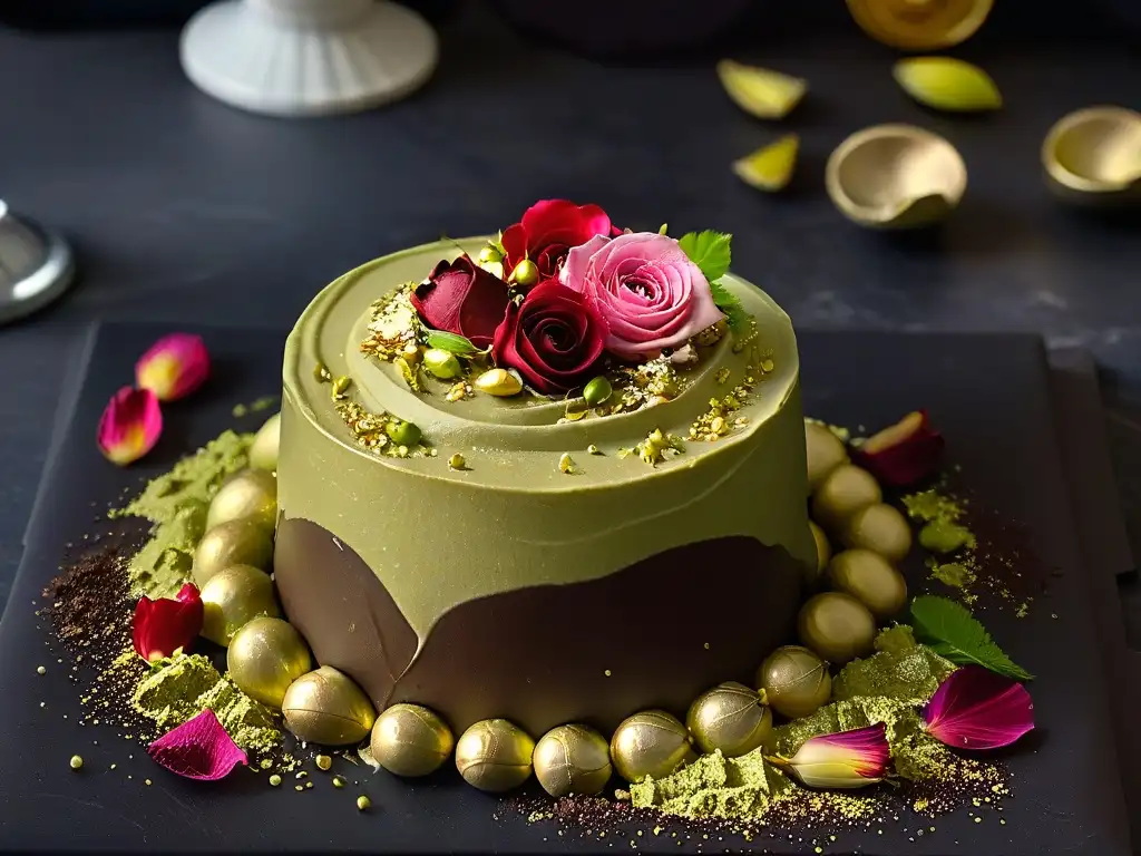 Un exquisito brigadeiro gourmet, recubierto de pistachos, oro comestible y pétalos de rosa, sobre mármol negro