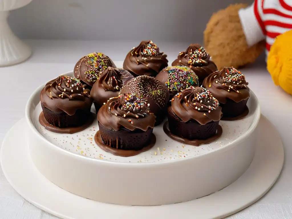 Un exquisito brigadeiro recubierto de chispas de chocolate en un plato de porcelana blanco